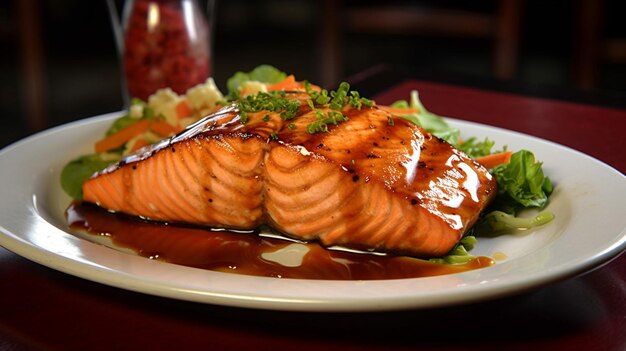 Un piatto di cibo con sopra un salmone