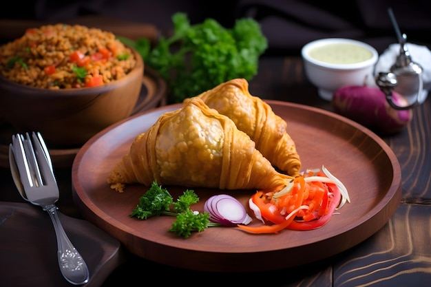 Un piatto di cibo con sopra un samosa fritto