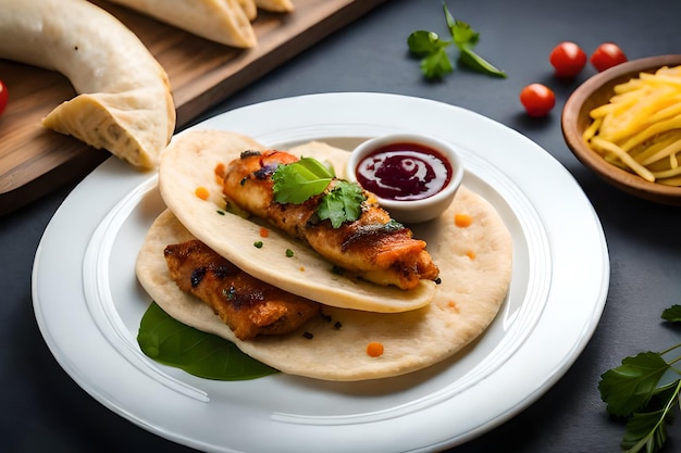 Un piatto di cibo con sopra un taco di pollo