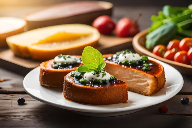 Un piatto di cibo con sopra una fetta di limone