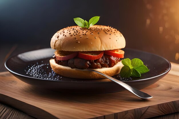 Un piatto di cibo con sopra una forchetta e sopra un hamburger.