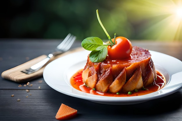 Un piatto di cibo con sopra una salsa di pomodoro