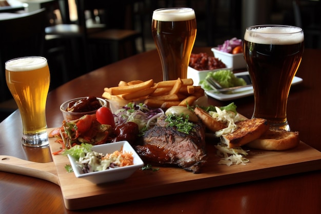 Un piatto di cibo con un bicchiere di birra e un piatto di carne.