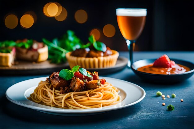 un piatto di cibo con un bicchiere di vino accanto a esso con un bicchierino di vino sullo sfondo