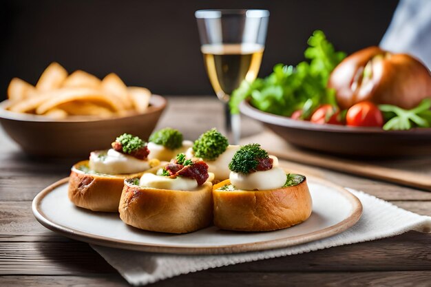 Un piatto di cibo con un bicchiere di vino e un bicchiere di vino