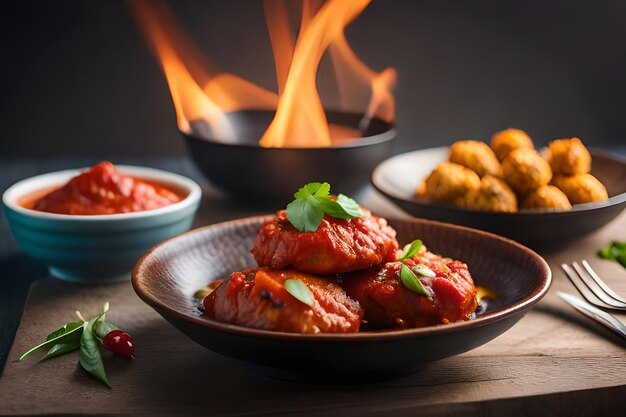 Un piatto di cibo con un fuoco sullo sfondo