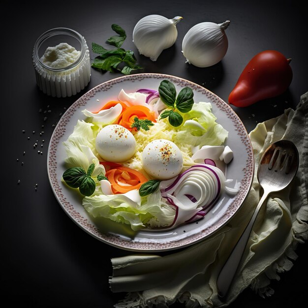 Un piatto di cibo con un'insalata e pochi altri ingredienti.