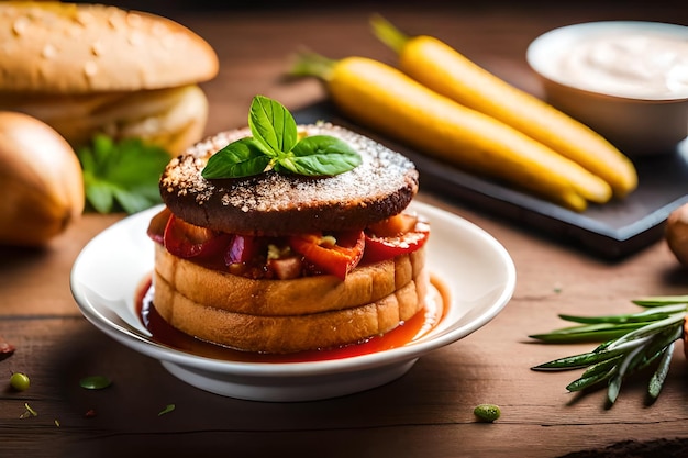 un piatto di cibo con un panino sopra e un panino sul piatto