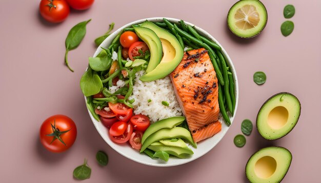 un piatto di cibo con un pesce, riso e verdure