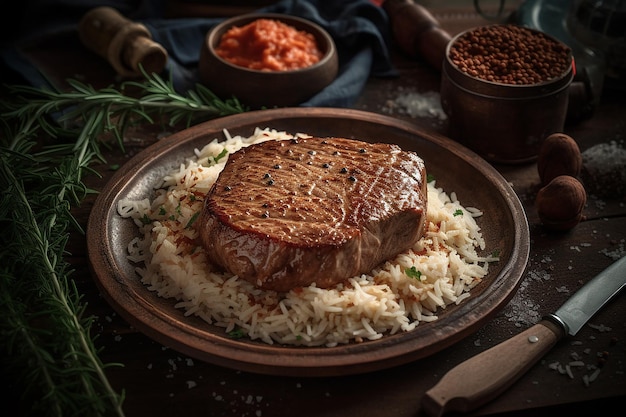 Un piatto di cibo con un pezzo di braciola di maiale in cima a riso e fagioli.