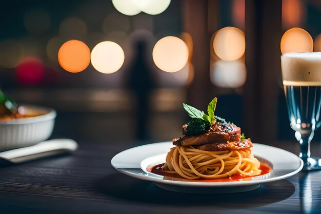 un piatto di cibo con un pezzo di carne sopra