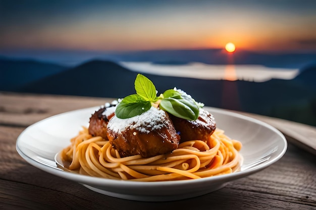 un piatto di cibo con un piatto de cibo che ha un pezzo di carne su di esso