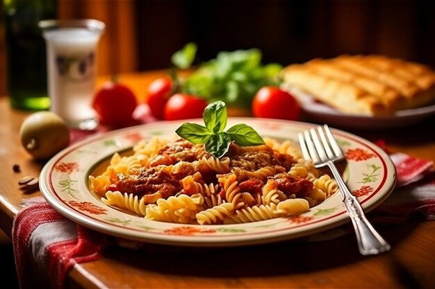 Un piatto di cibo con un piatto di alimento con un piato di cibo con pomodoro e pasta