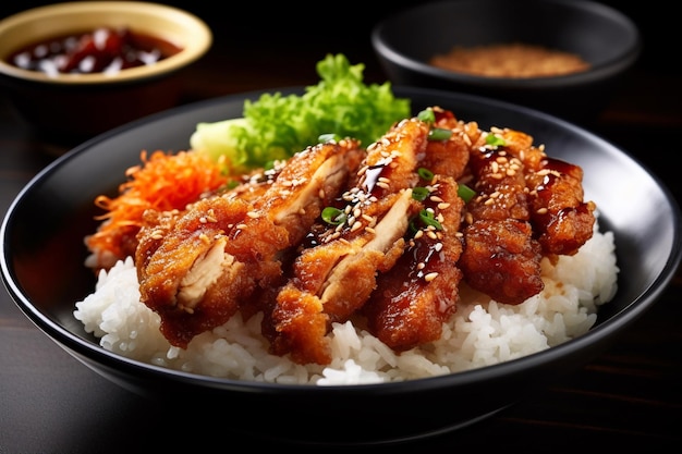 Un piatto di cibo con un piatto di pollo e riso.