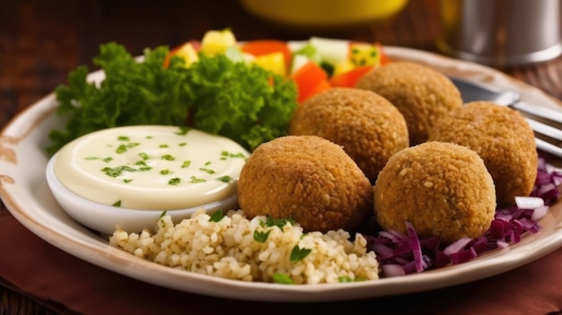 Un piatto di cibo con un piatto di polpette e un'insalata