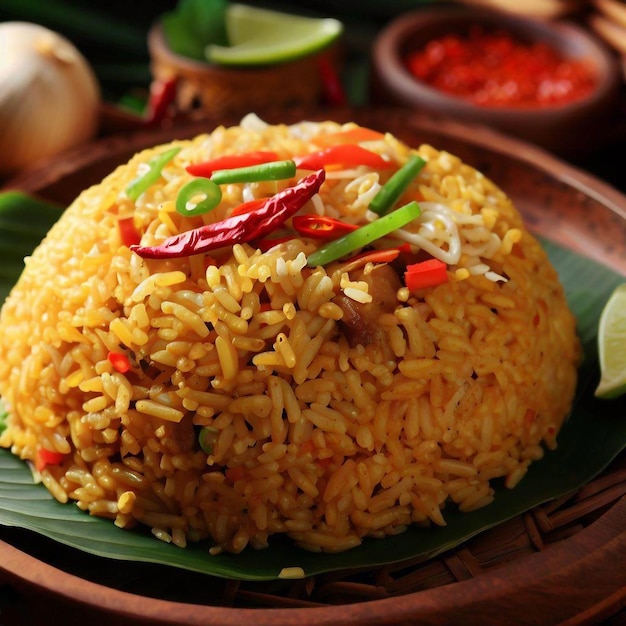 Un piatto di cibo con un piatto di riso giallo con sopra una foglia verde.