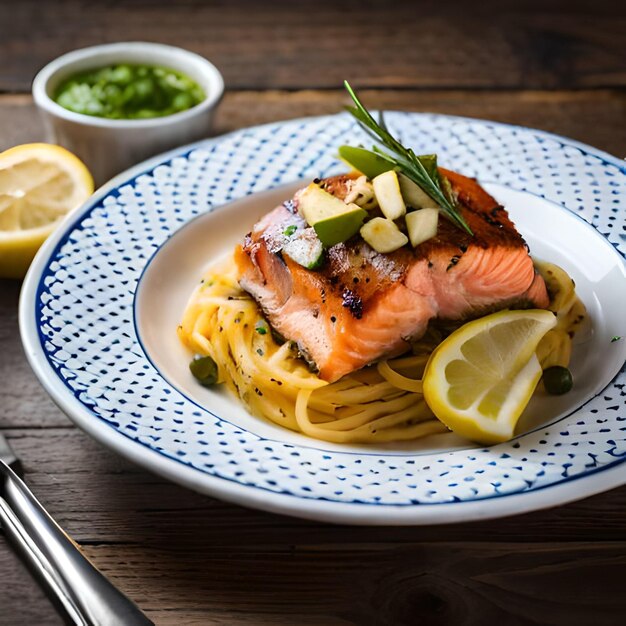 Un piatto di cibo con un piatto di salmone e pasta.