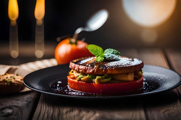 un piatto di cibo con un pomodoro e un tomato su di esso