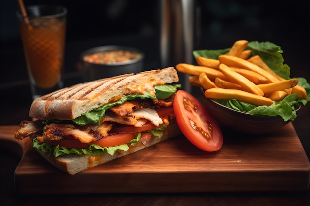 Un piatto di cibo con una bevanda in sottofondo