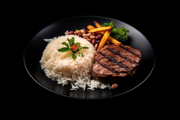 Un piatto di cibo con una bistecca e riso
