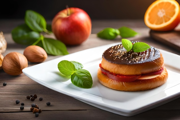 Un piatto di cibo con una ciambella al cioccolato e un'arancia sul lato.