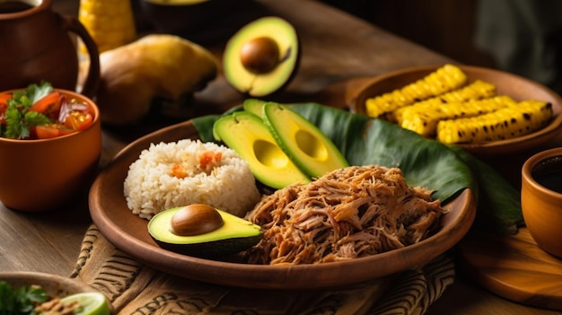 Un piatto di cibo con una ciotola di cibo con sopra l'avocado