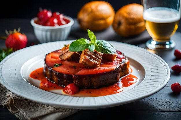 un piatto di cibo con una fetta di frutta