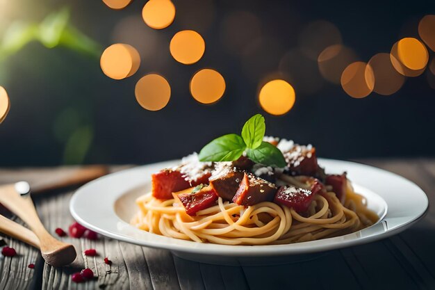 un piatto di cibo con una foglia verde su di esso