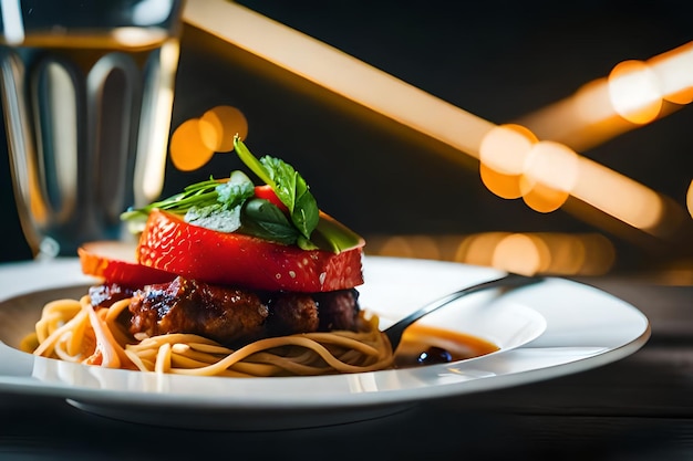 un piatto di cibo con una forchetta e un bicchiere d'acqua