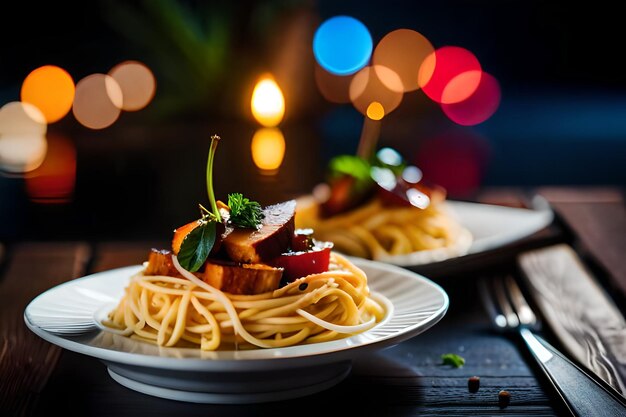un piatto di cibo con una forchetta e un piatto di pasta con una candela sullo sfondo.