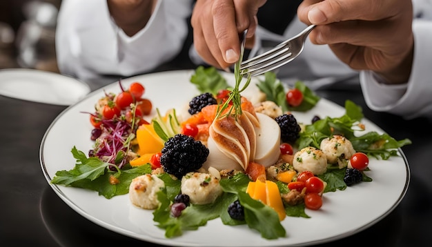 un piatto di cibo con una forchetta e una persona che tiene un coltello