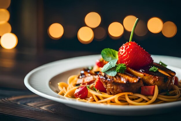 un piatto di cibo con una fragola e una fragola su di esso