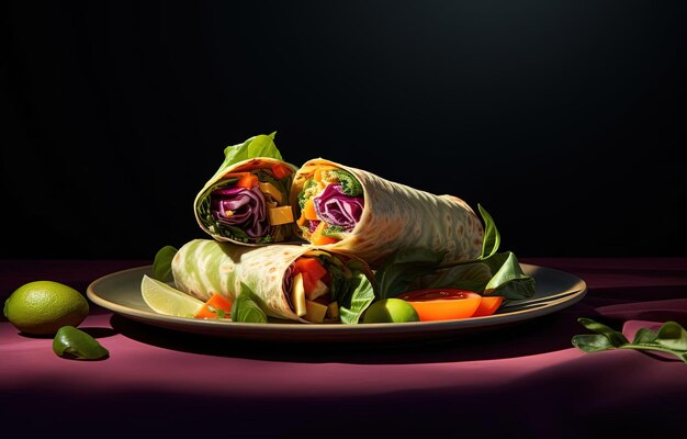 un piatto di cibo con una pellicola e alcune verdure su un piatto nello stile del focus stacking