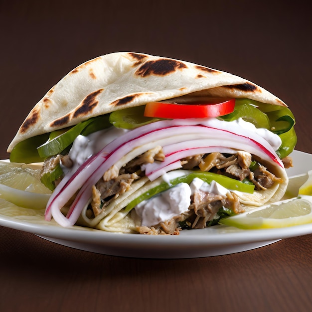 Un piatto di cibo con una pita con contorno di verdure