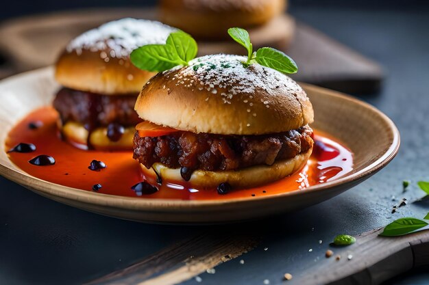 un piatto di cibo con una salsa rossa e un panino con una foglia verde.