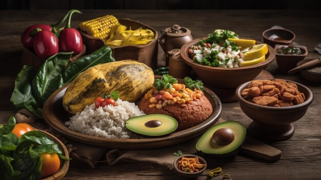 Un piatto di cibo con una varietà di alimenti tra cui fagioli, mais, avocado e mais.