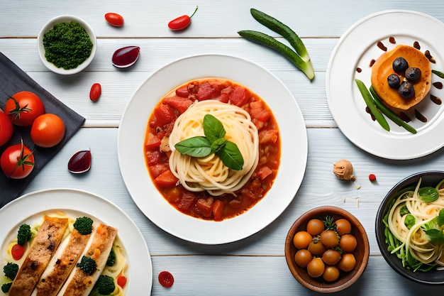 un piatto di cibo con una varietà di piatti tra cui pasta e verdure.