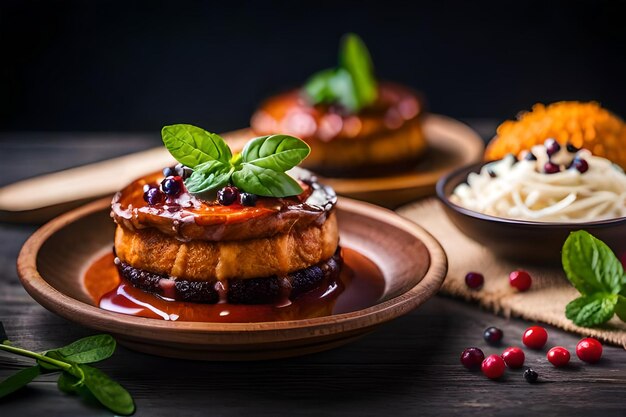 un piatto di cibo con uno sfondo nero con uno sfondo nero