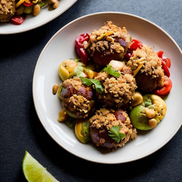 Un piatto di cibo con uno spicchio di lime sul lato