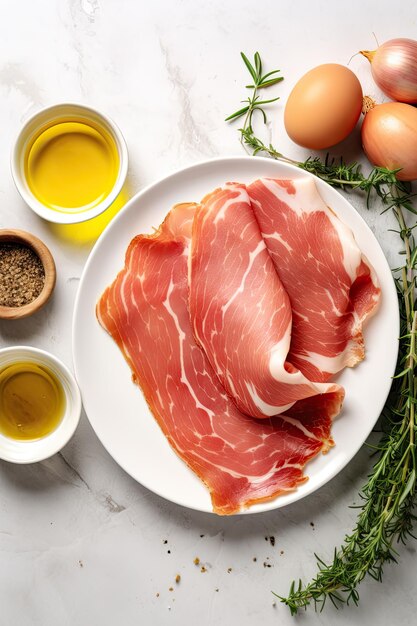 un piatto di cibo con uova di pancetta e olio