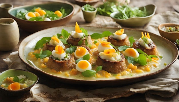 un piatto di cibo con uova e verdure