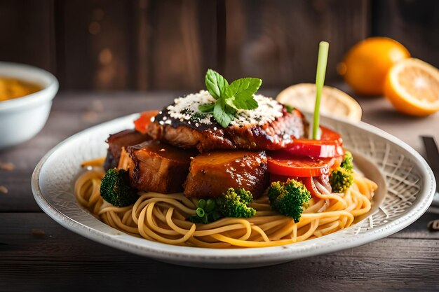 Un piatto di cibo con verdure e carne sopra