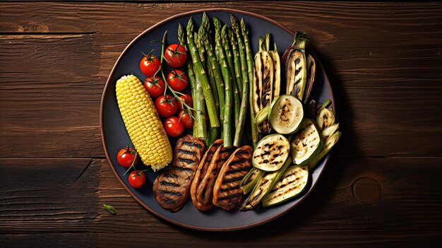 Un piatto di cibo con verdure grigliate e un piatto di verdure