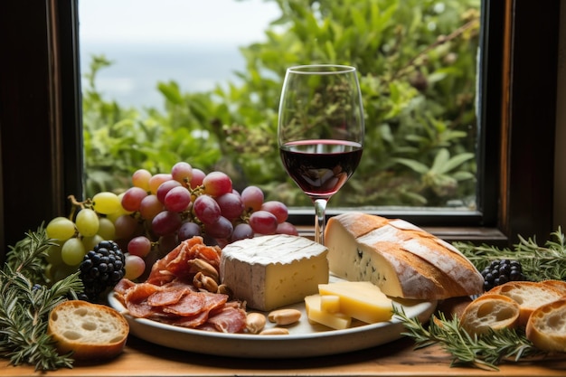 Un piatto di cibo e un bicchiere di vino su un tavolo ai