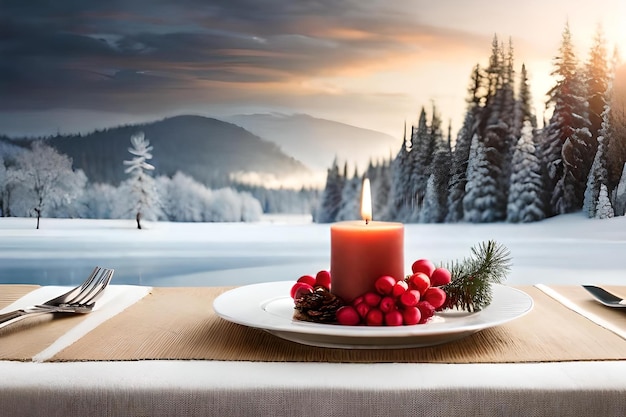 Un piatto di cibo e una candela su un tavolo con una tovaglietta che dice "natale".