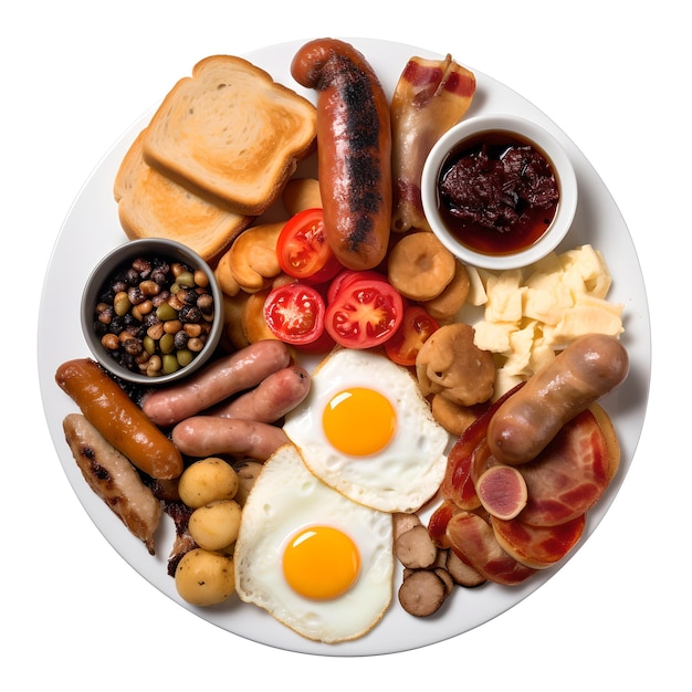 Un piatto di cibo per la colazione che include uova, salsiccia, pancetta e pane tostato.