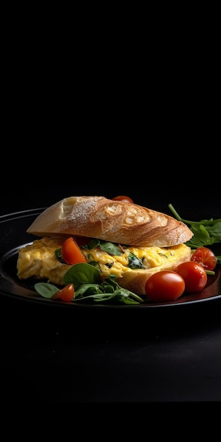 Un piatto di cibo per la colazione con sopra una baguette.