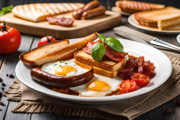 un piatto di cibo per la colazione con uova, salsiccia, salsiccia e pomodori.