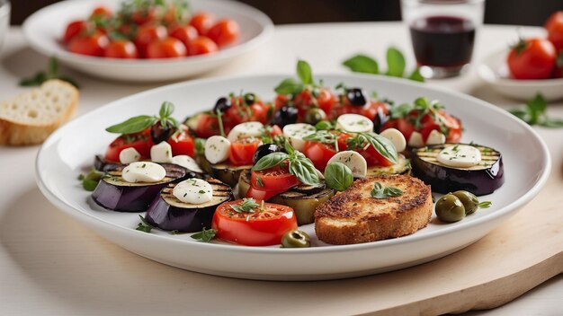 Un piatto di cibo vegetale di ispirazione italiana su un tavolo bianco di legno in un ristorante mostra classici come il capre