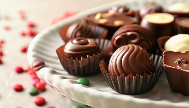 Un piatto di cioccolatini con sopra delle caramelle verdi e rosse.